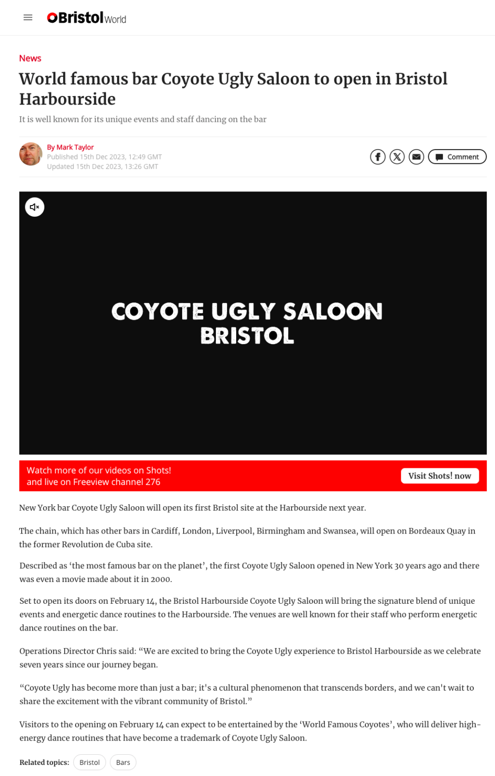 Bristol World World famous bar Coyote Ugly Saloon to open in Bristol